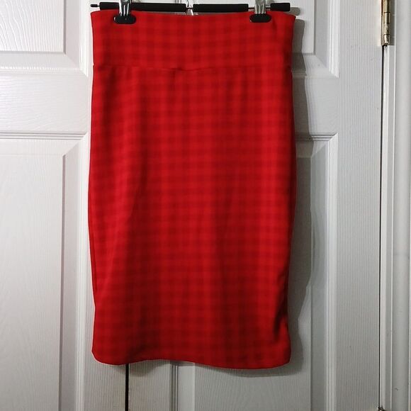 Lularoe red block checkerboard pattern pull on pencil skirt Sz S NWOT - Picture 3 of 4